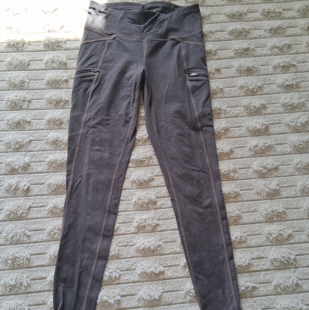 Athleta Charcoal Leggings with Brown Stitching
